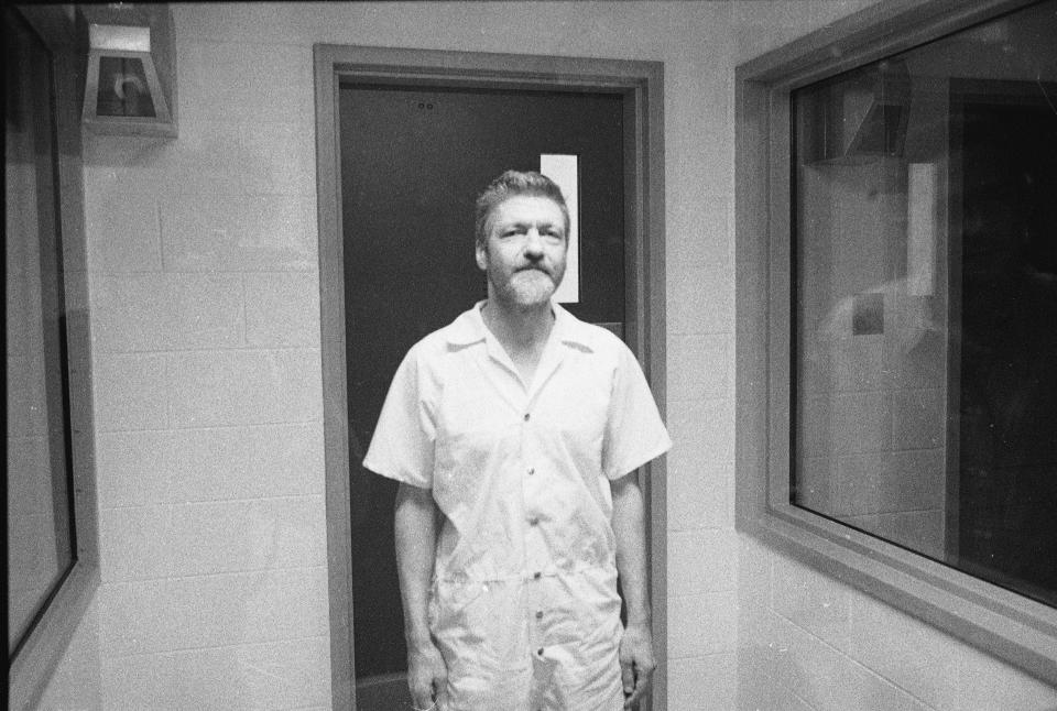 **EXCLUSIVE** American domestic terrorist, luddite, and mathematics teacher Ted Kaczynski stands and poses during an interview in a visiting room at the Federal ADX Supermax prison in Florence, Colorado, August 30, 1999. (Photo by Stephen J. Dubner/Getty Images)