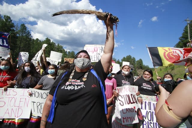 Native American protesters demonstrate in Keystone ahead of US President Donald Trump’s visit