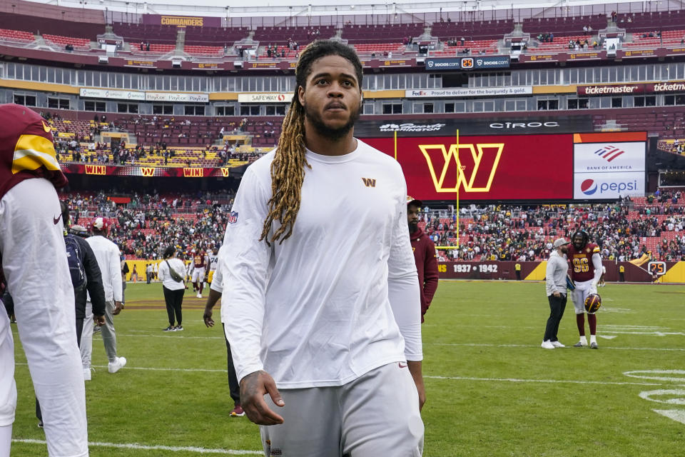 FILE - Washington Commanders defensive end Chase Young (99) walks off the field after an NFL football game against the Green Bay Packers on Oct. 23, 2022, in Landover, Md. Young is expected to practice with the Washington Commanders this week for the first time since tearing the ACL in his right knee 11 months ago, according to coach Ron Rivera on Monday, Oct. 31. (AP Photo/Susan Walsh, File)