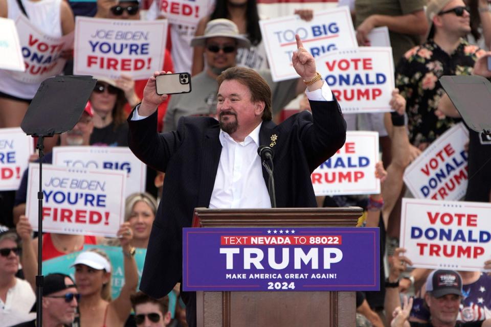 Nevada GOP chair Michael McDonald speaks to Donald Trump’s supporters ata campaign rally in Las Vegas on June 9. Charges against him and other so-called ‘fake electors’ were dismissed on June 21. (AP)