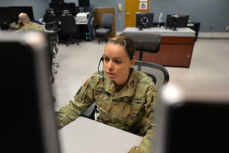 Major Terri Homestead, Senior Tactical Director, 49th Fire Direction Center, performs missile defense exercises at the Ft. Greely missile defense complex in Fort Greely, Alaska, U.S., April 26, 2018. REUTERS/Mark Meyer