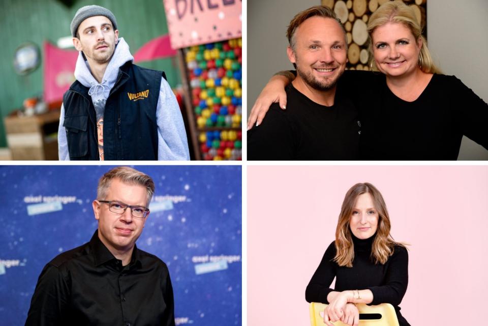 Lieferten die Negativ-Schlagzeilen der Startup-Szene (v.l.o.n.u.r): Fynn Kliemann (Influencer), Stefan und Anne Lemcke (Ankerkraut), Frank Thelen (10xDNA) und Ann-Sophie Claus (The Female Company) - Copyright: Gründerszene