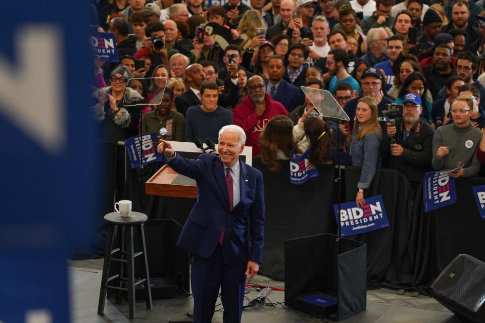 Democratic presidential candidate and former Vice President Joe Biden speaks to a crowd during a Get Out the Vote event at Renaissance High School in Detroit on Monday, March 9, 2020. 