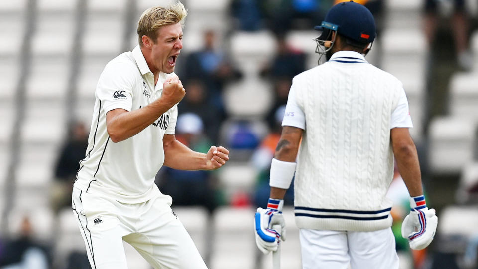 Kyle Jamieson, pictured here celebrating the wicket of Virat Kohli in the ICC World Test Championship final.