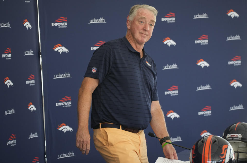 Denver Broncos president Joe Ellis attends a news conference on media day before the team officially opens an NFL football training camp at Broncos headquarters, Tuesday, July 27, 2021, in Englewood, Colo. (AP Photo/David Zalubowski)