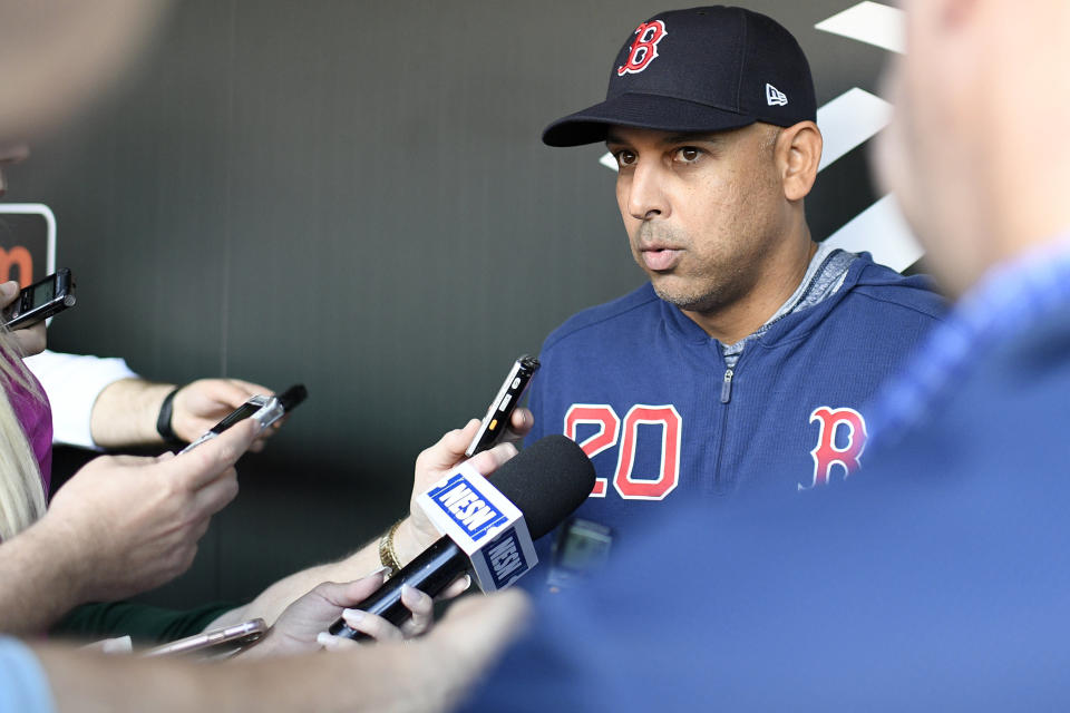 Boston Red Sox manager Alex Cora talks to reporters before a baseball game against the Baltimore Orioles, Monday, May 6, 2019, in Baltimore. (AP Photo/Nick Wass)