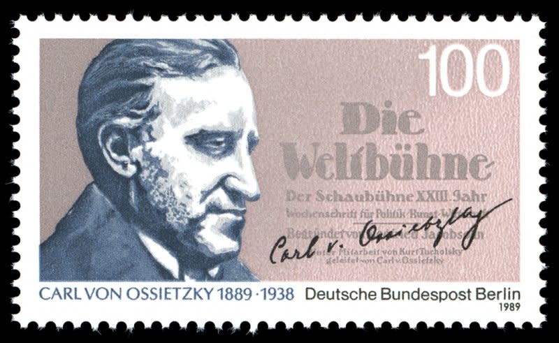 德國和平主義者奧西茨基（Carl von Ossietzky）紀念郵票，1989年發行（Autoreninformationen ansehen@Wikipedia / Gemeinfrei）