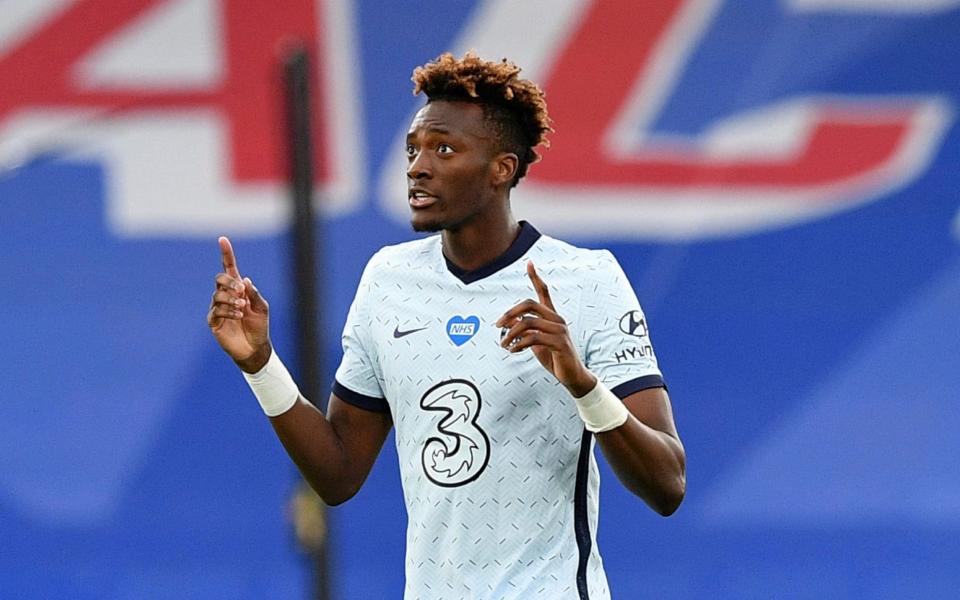 Chelsea's Tammy Abraham celebrates after scoring his side's third goal during the English Premier League soccer match between Crystal Palace and Chelsea at Selhurst Park - AP