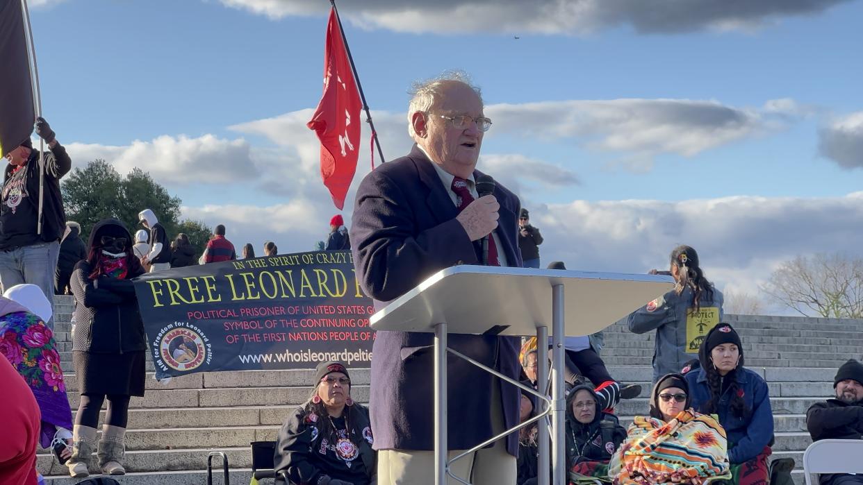 Former U.S. Attorney James Reynolds speaks on behalf of Leonard Peltier at the American Indian Movement's Grand Governing Council's Walk to Freedom on Sunday, November 13 in Washington, D.C. (Photo by Darren Thompson for Native News Online)