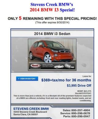 2014 BMW i3 lease deal offered by Stevens Creek BMW, Santa Clara, CA, September 2014