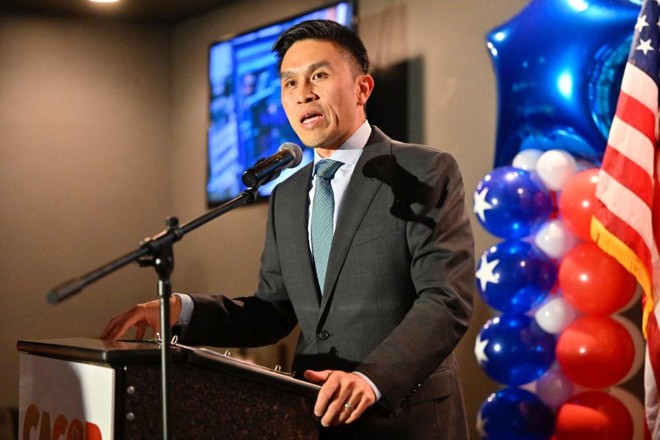 Lanhee Chen, candidate for California controller, addresses supporters during the Orange County GOP election watch party in Newport Beach, Calif., Tuesday, Nov. 8, 2022.