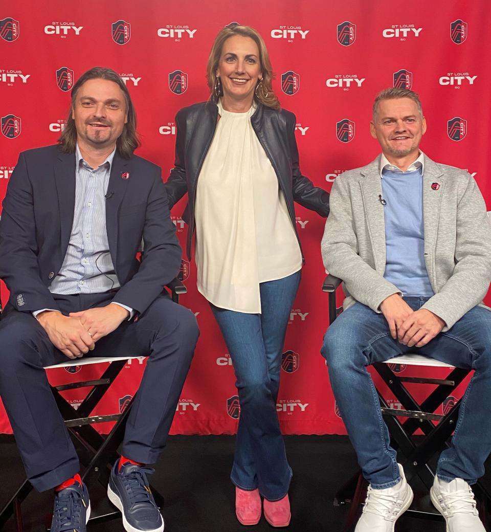 Carolyn Kindle, center, is president and CEO of St. Louis CITY SC, which will join MLS as an expansion franchise this season. She helms the league's first women-led ownership group and is a member of the Taylor family, which founded rental car behemoth Enterprise. She is joined by St. Louis CITY Sporting Director Lutz Phannenstiel, left, and head coach Bradley Carnell.