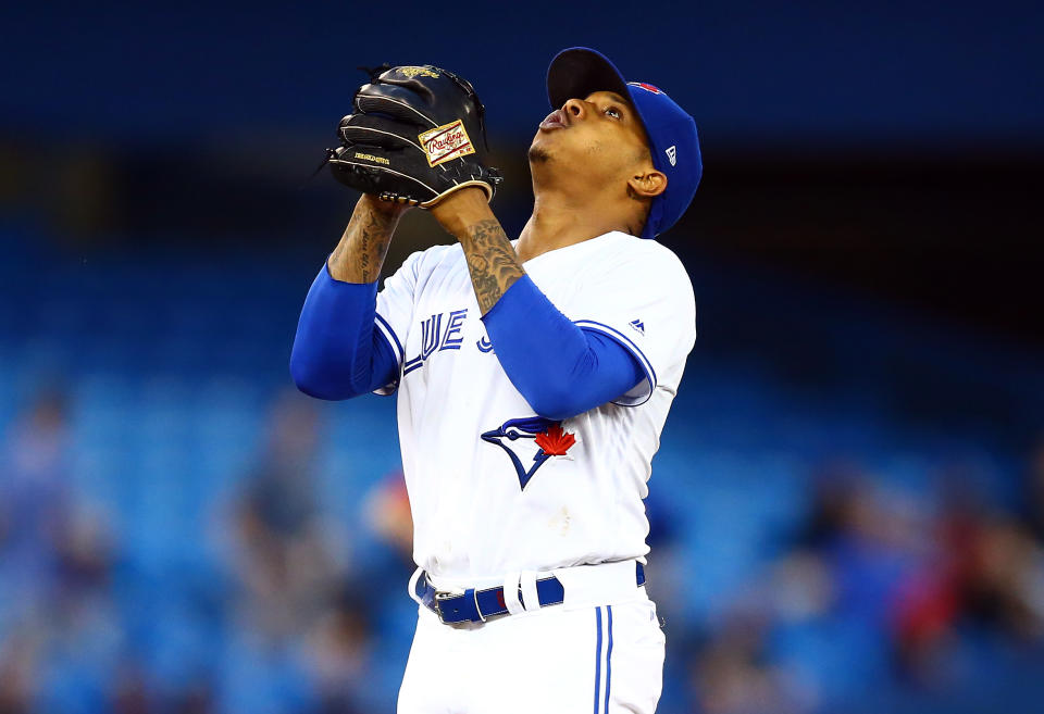 TORONTO, ON - JUNE 18:  Marcus Stroman #6 of the Toronto Blue Jays prepares to pitch in the eighth inning during a MLB game against the Los Angeles Angels of Anaheim at Rogers Centre on June 18, 2019 in Toronto, Canada.  (Photo by Vaughn Ridley/Getty Images)