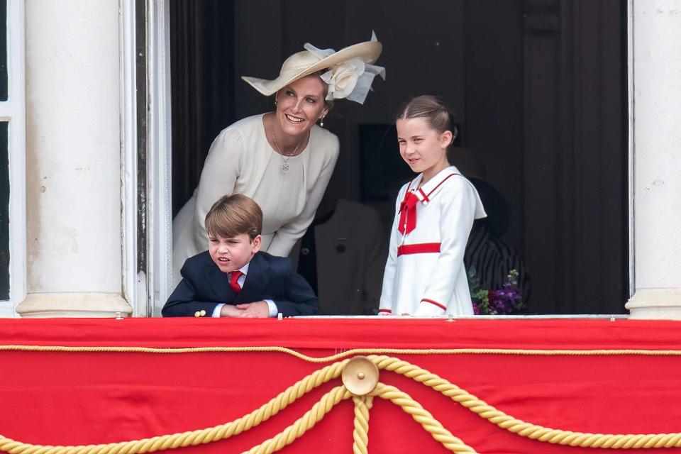 <p>Antony Jones/Getty</p> Sophie, Duchess of Edinburgh, Prince Louis and Princess Charlotte watch Trooping the Colour 2023.
