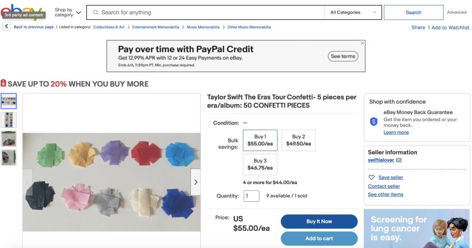 screenshot of confetti being sold