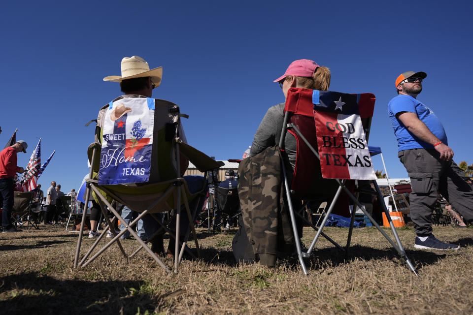 Participants listen to Praise and Worship music during a "Take Our Border Back" convoy and rally, Saturday, Feb. 3, 2024, in Quemado, Texas. (AP Photo/Eric Gay)