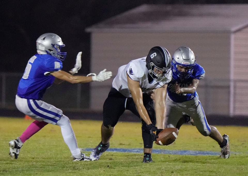 Matanzas Daniel DeFalco attempts to make catch during a game with Deltona at Deltona High School, Monday, Oct. 2, 2023.