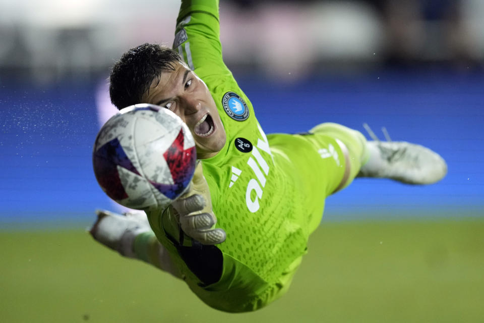 Charlotte FC goalkeeper Kristijan Kahlina deflects a shot by Inter Miami forward Leonardo Campana during the second half of an MLS soccer match on Oct. 18, 2023, in Fort Lauderdale, Fla. (AP Photo/Rebecca Blackwell)