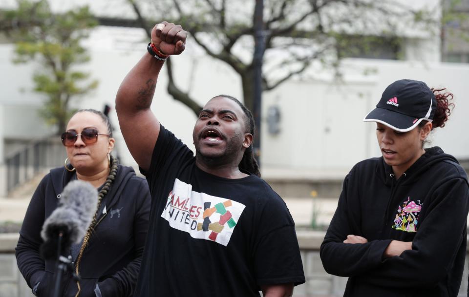 Cortez Rice, father of Jahmari Rice, a 15-year old who was killed in Richfield, Minn., responded to the findings of the Department of Justice investigation into the Louisville Metro Police Department at Jefferson Square Park in Louisville, Ky. on Mar. 8, 2023.   The report was the result of a nearly two-year probe following the killing of Breonna Taylor.