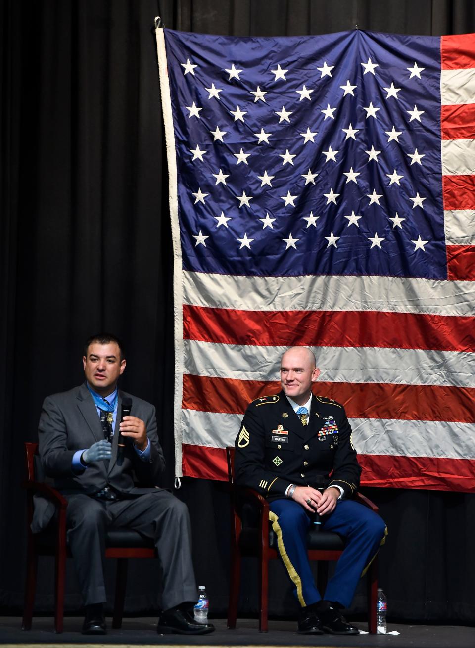 Medal of Honor recipients Leroy A. Petry, left, and Ty Carter answer questions as they visit Sacred Heart Cathedral School on Sept. 12, 2014. (NEWS SENTINEL FILE PHOTO)