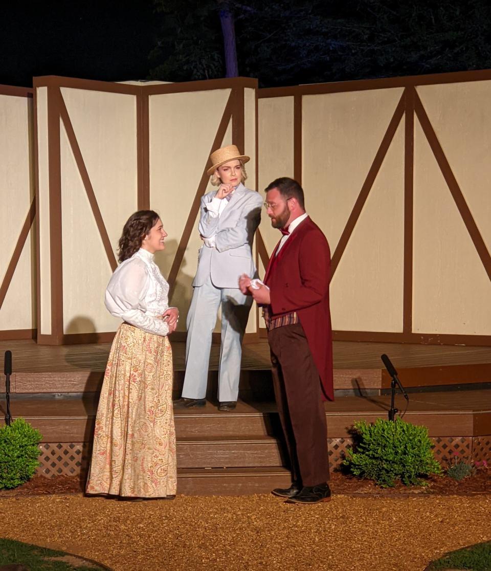 From left, Sophia Boyer plays Celia, Emily Pace stars as Rosalind and Matthew Moreillon appears as Oliver in Oklahoma Shakespeare in the Park's spring production of "As You Like It."