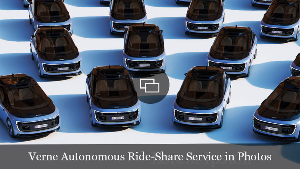 A rendering of a fleet of cars from Verne, an autonomous ride-share service set to begin operation in 2026.