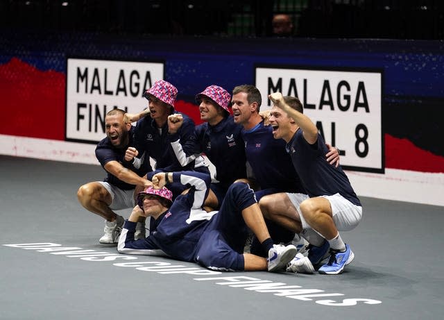 The British Davis Cup team celebrate their Davis Cup qualification in 2023