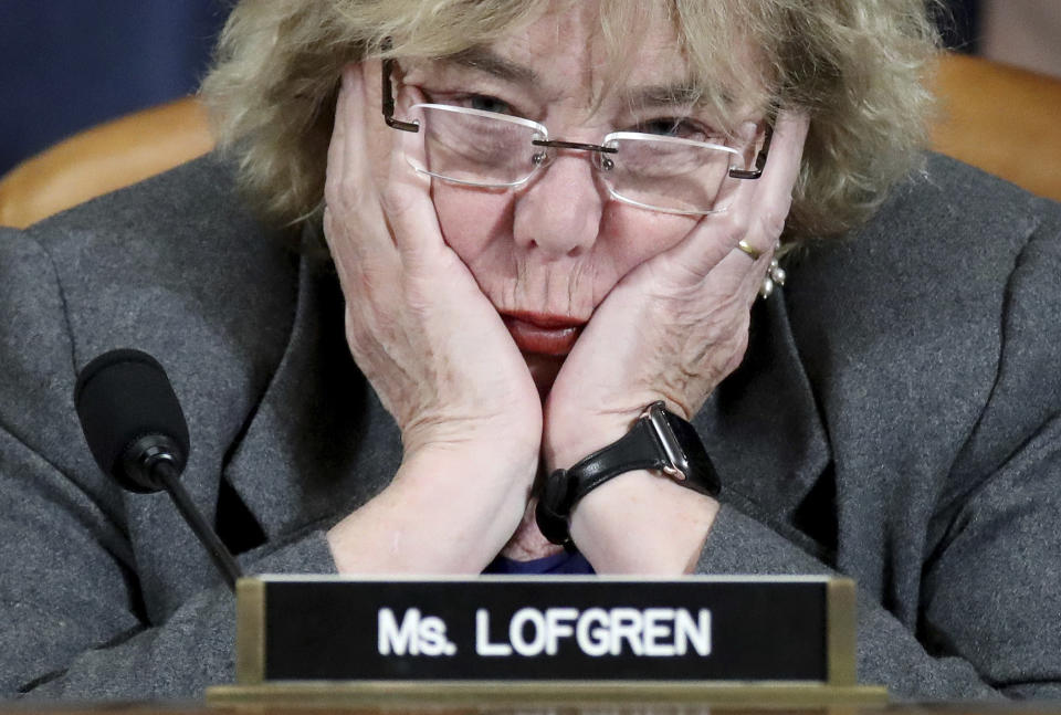 Rep. Zoe Lofgren, D-Caif., listens as constitutional scholars testify before the House Judiciary Committee in the Longworth House Office Building on Capitol Hill December 4, 2019 in Washington. (Drew Angerer/Pool via AP)