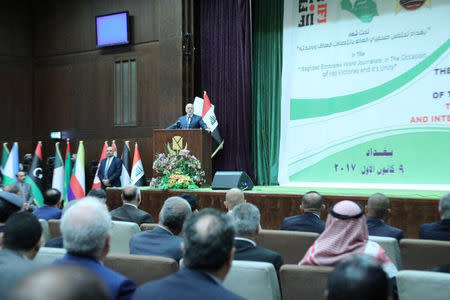 Iraqi Prime Minister Haider al-Abadi speaks during an Arab media conference in Baghdad, Iraq, December 9, 2017. Iraqi Prime Minister Media Office/Handout via REUTERS