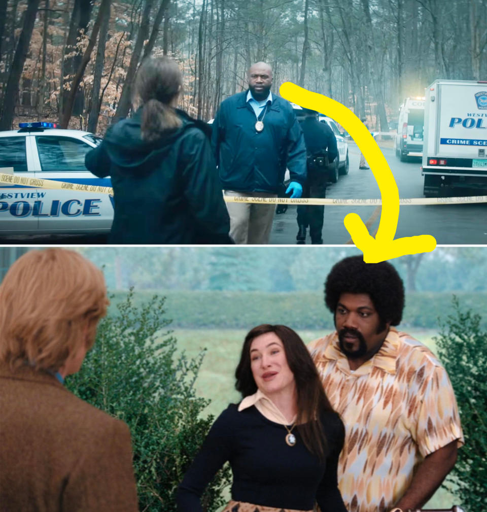 Top: Police officers at a crime scene with Westview Police cars. Bottom: WandaVision characters Kathryn Hahn and David Payton outdoors in a conversation