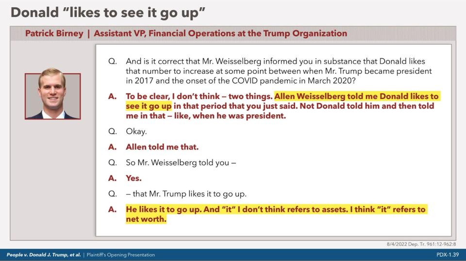 Testimony by Patrick Birney, a assistant finance vice president at Trump Organization, helps link Donald Trump to what the New York attorney general calls a fraud conspiracy.