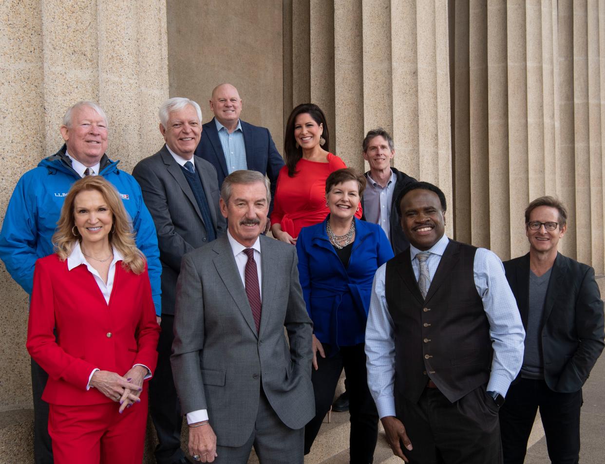 From left front, Channel 4's Lisa Spencer, Channel 2's Davis Nolan, Channel 5's Lelan Statom, back Channel 2's Davis Nolan, Channel 5's Phil Williams, The Tennessean's Mike Organ, Channel 4's Holly Thompson, Channel 5's Jennifer Kraus, The Tennessean's Andy Humbles and Channel 5's Nick Beres at Centennial Park in Nashville, Tenn., Thursday, Feb. 8, 2024.