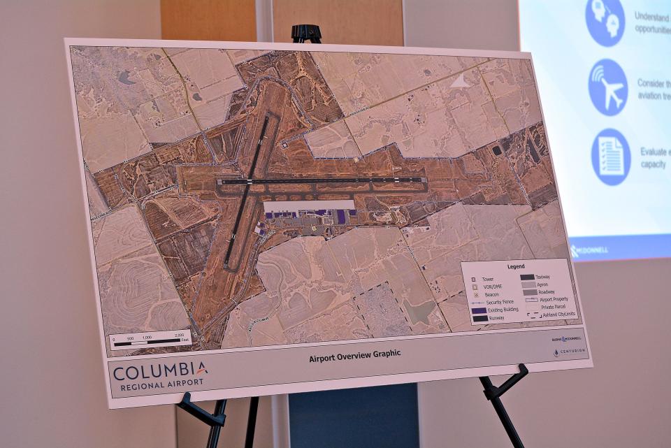 A graphic displayed Thursday at the Columbia Regional Airport shows an overview of the airport, its buildings and neigboring private properties.