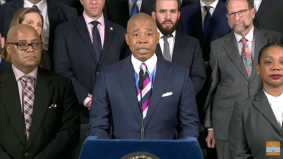 This photo provided by the NYC Office of the Mayor shows New York City mayor Eric Adams speaking during a news conference, Monday, Nov. 21, 2022 in New York.