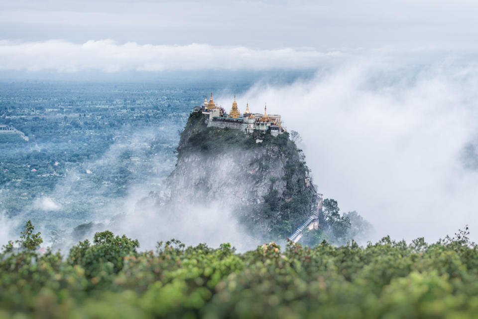 Popa Taungkalat Monastery is situated&nbsp;in the shadow of the nearby&nbsp;Mount Popa, a famous pilgrimage site in Myanmar. Visitors can <a href="https://www.go-myanmar.com/mount-popa" target="_blank">climb 777 steps</a> to this secluded Buddhist monastery&nbsp;to explore numerous shrines and see breathtaking views of the surrounding mountains.