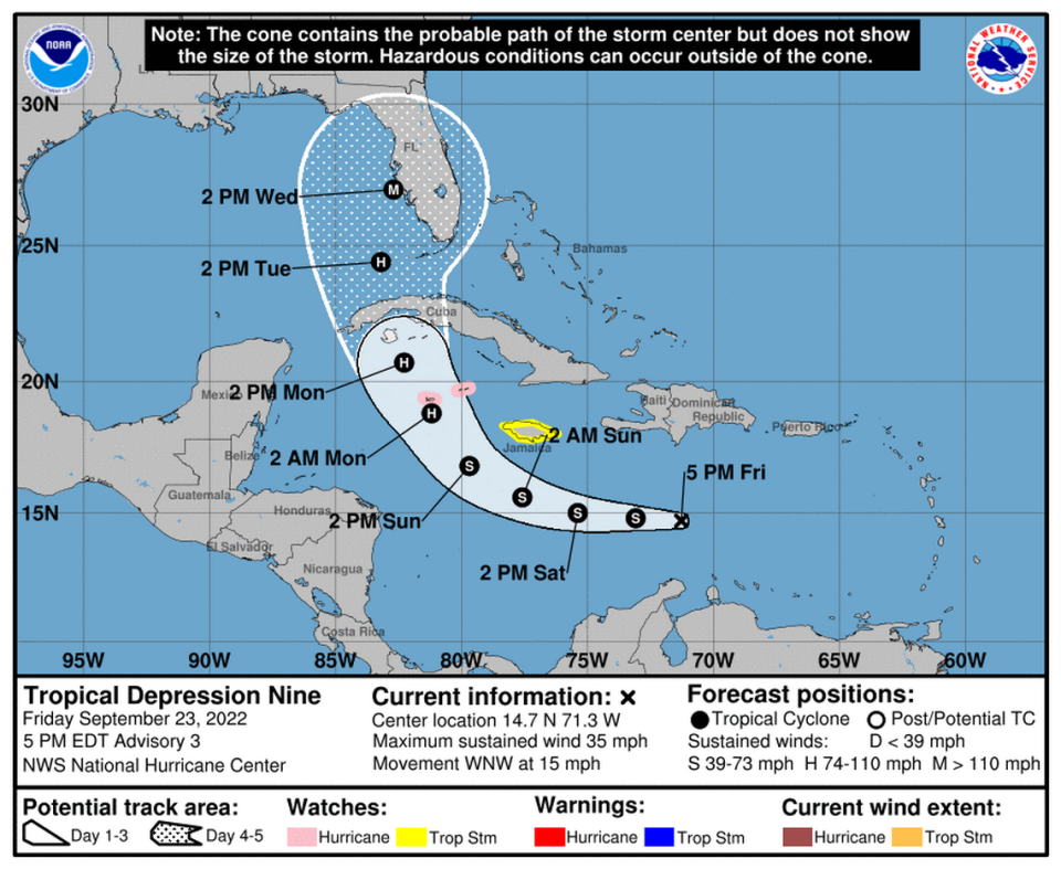 Forecast cone for Tropical Depression 9 as of 5 p.m. Friday