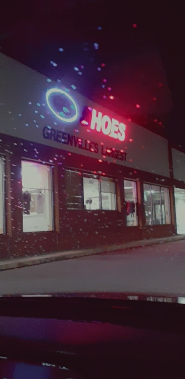 Storefront at night with burnt out "Shoes" sign reading "HOES," subtitled "GREENVILLE'S FINEST."