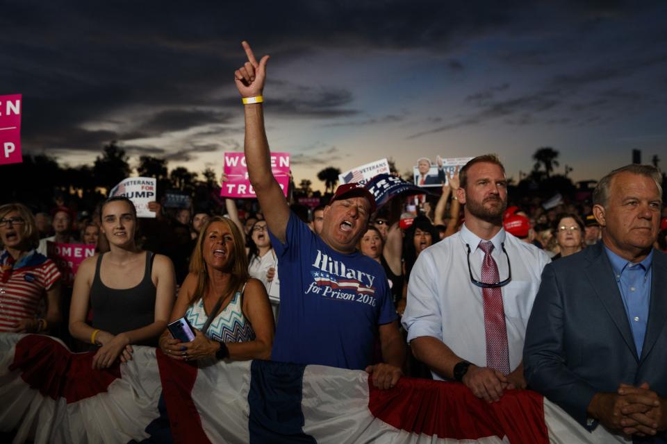 Supporters of Donald Trump cheer during a campaign rally on Nov, 1, 2016 in Pensacola, Fla. (Photo: Evan Vucci/AP)