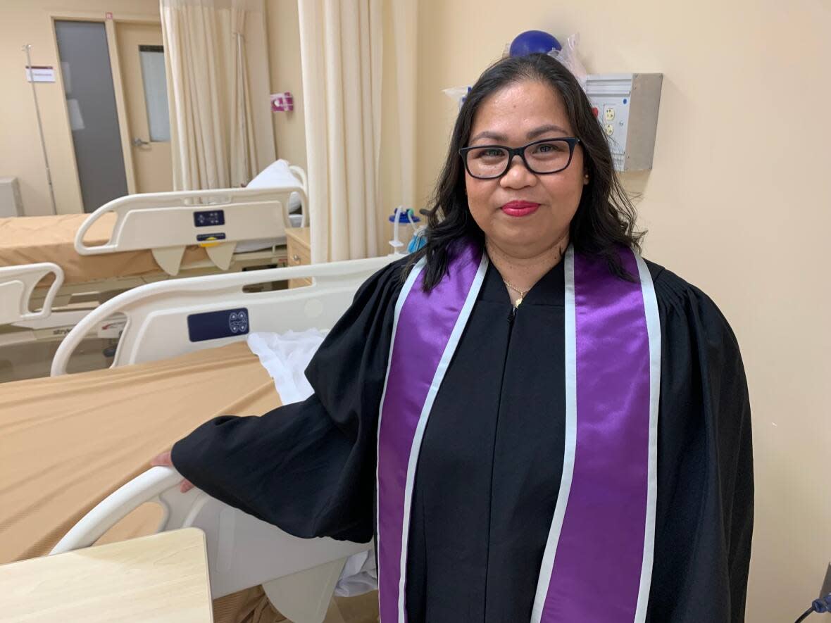 Zheny Angeles in the lab at the Holland College campus in Summerside, on her graduation day as a licensed practical nurse.  (Laura Meader/CBC  - image credit)