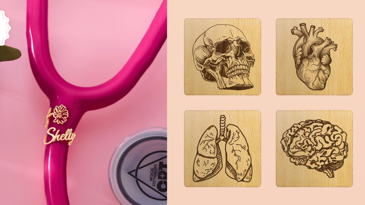 stethoscope charm and human anatomy coasters