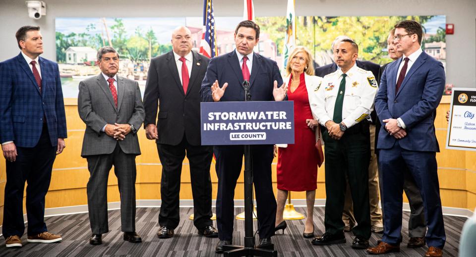 Gov. Ron DeSantis addresses media at press conference in Bonita Springs on Wednesday, Jan 12, 2022. He presented the city with an almost $17 million grant for storm water infrastructure along Terry Street to address issues caused by Hurricane Irma.  