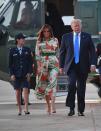 Flying the sartorial flag for Britain, Melania Trump dressed in a not-so-subtle £2,650 Gucci shirt dress emblazoned with miniature London landmarks. [Photo: Getty]