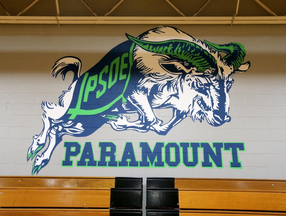 The Paramount School of Excellence charter school mascot and logo can be seen on the gymnasium wall Friday, March 10, 2023, at the former Tarkington Traditional School on Hepler Street in South Bend.