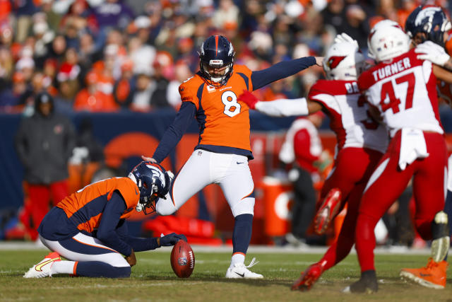 Denver Broncos Brandon McManus (8) prior to an NFL football game against  the New England Patriots, Sunday, Oct. 18, 2020, in Foxborough, Mass. (AP  Photo/Stew Milne Stock Photo - Alamy