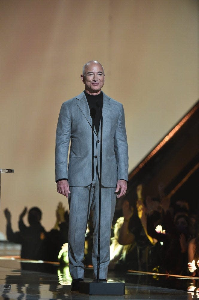 Jeff Bezos speaks on stage during the 2021 People's Choice Awards held at the Barker Hangar, Santa Monica, on December 7, 2021.