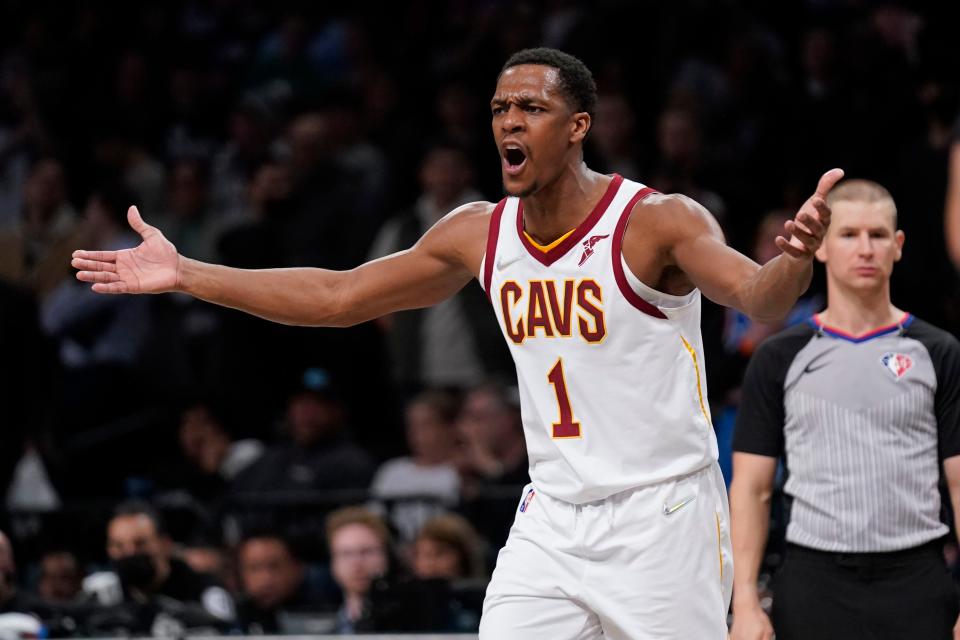 Cleveland Cavaliers' Rajon Rondo reacts to a call during the second half against the Brooklyn Nets in the opening basketball game of the NBA play-in tournament, Tuesday, April 12, 2022, in New York. The Nets won 115-108. (AP Photo/Seth Wenig)