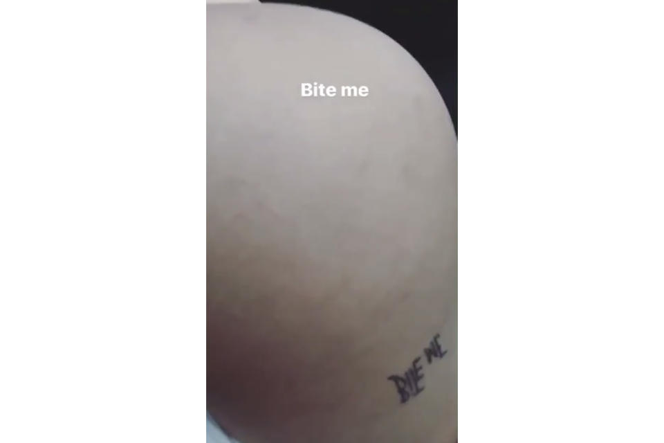 <p>Bella Thorne’s “Bite Me” booty tat is so her. (Photo: @bellathorne/Instagram) </p>