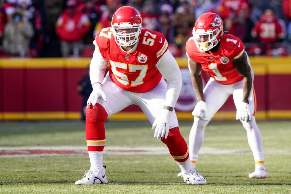 Dec 24, 2022; Kansas City, Missouri, USA; Kansas City Chiefs offensive tackle Orlando Brown Jr. (57) on the line of scrimmage against the Seattle Seahawks during the game at GEHA Field at Arrowhead Stadium.