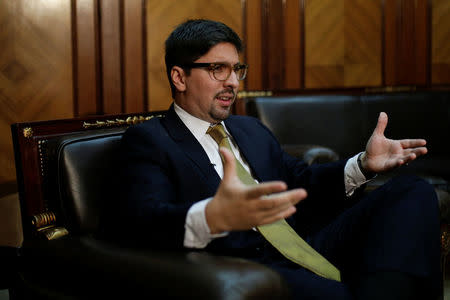 Freddy Guevara, first vice president of the National Assembly and deputy of the opposition party Popular Will (Voluntad Popular), speaks during an interview with Reuters in Caracas, Venezuela January 17, 2017. Picture taken January 17, 2017. REUTERS/Marco Bello