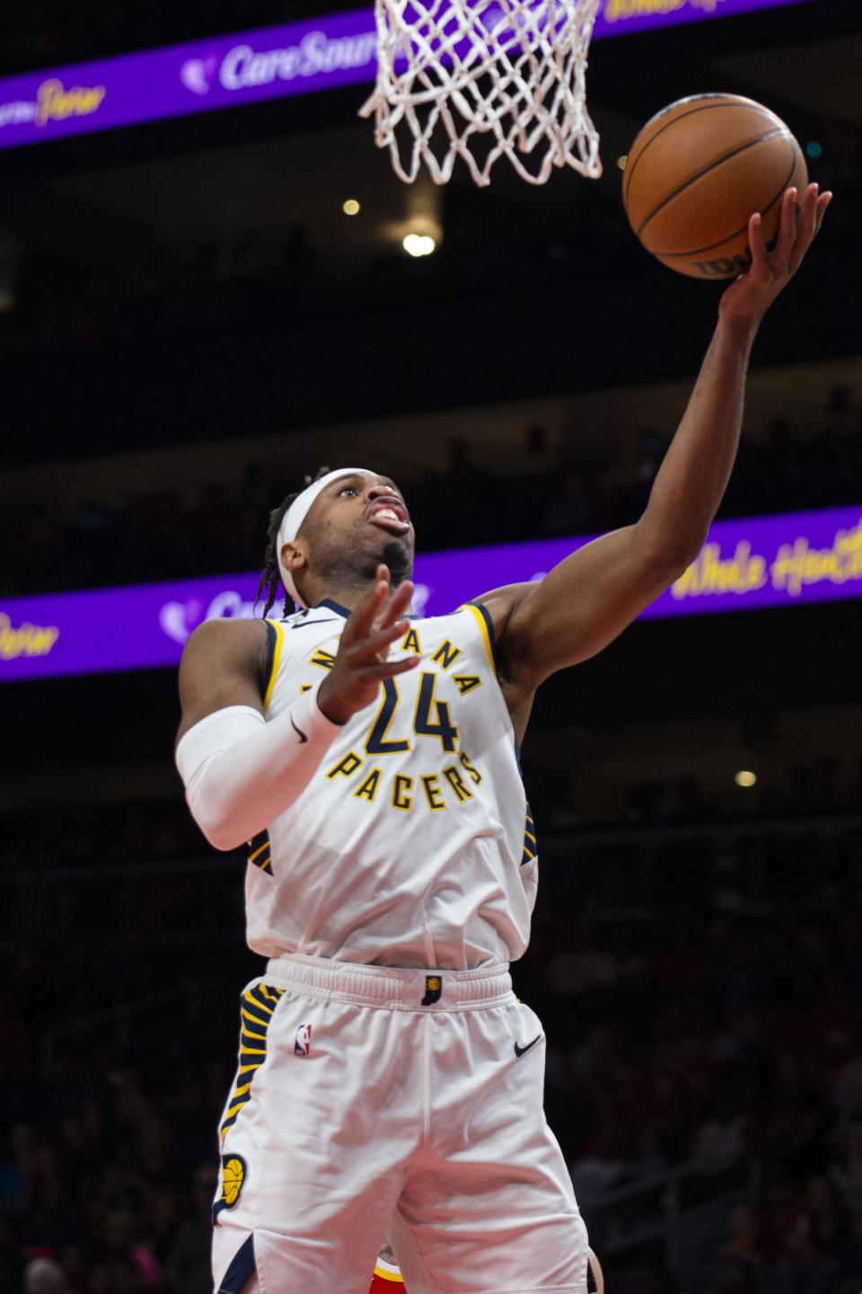 Indiana Pacers guard Buddy Hield scores during the second half of an NBA basketball game against the Atlanta Hawks, Saturday, March 25, 2023, in Atlanta. (AP Photo/Hakim Wright Sr.)